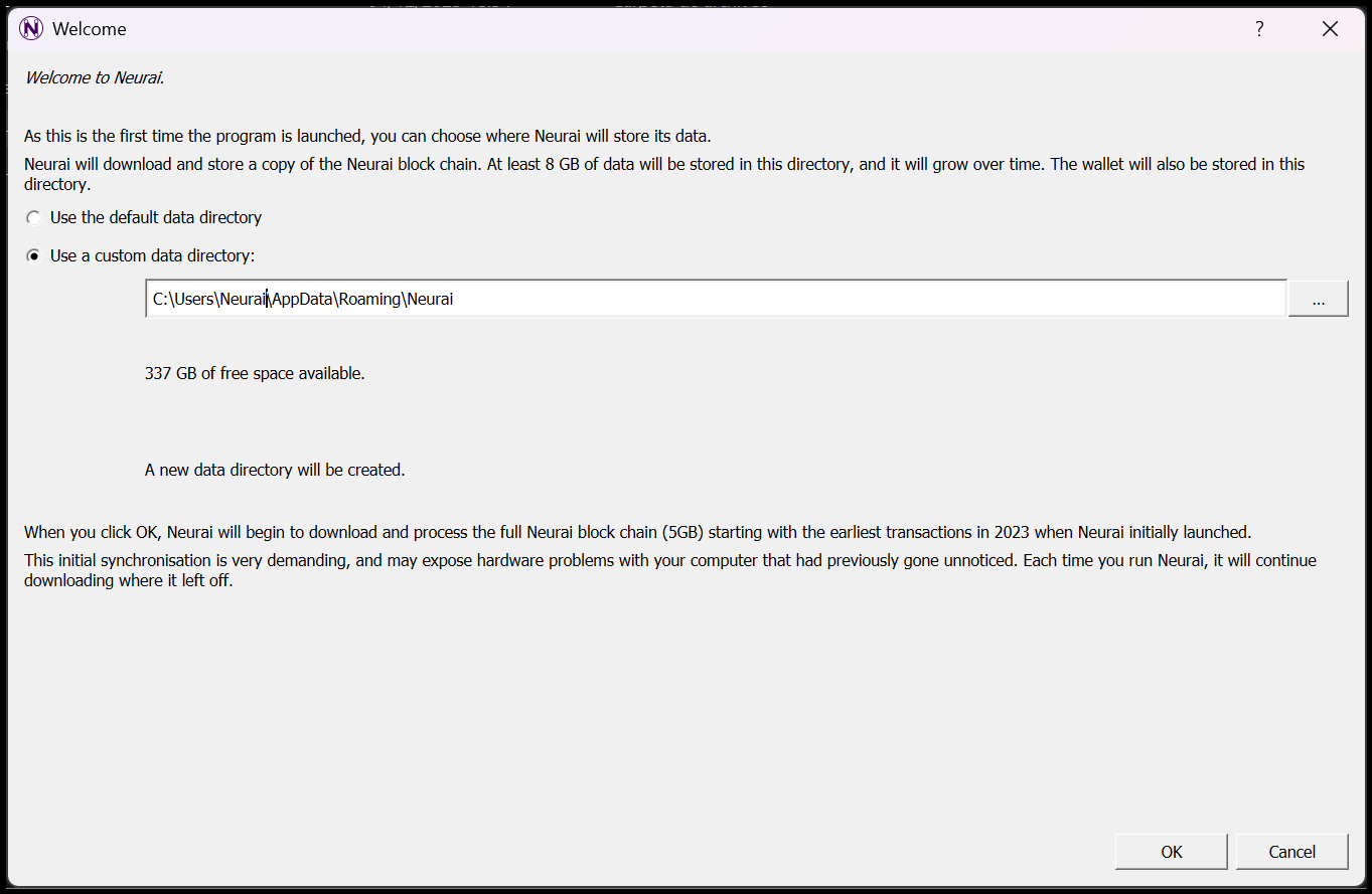 Choose the data directory for the Neurai blockchain