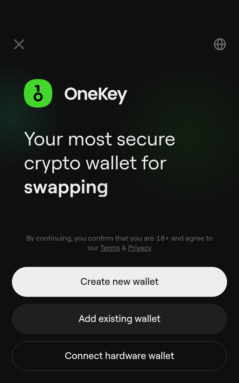 OneKey welcome screen with Create new wallet, Add existing wallet and Connect hardware wallet