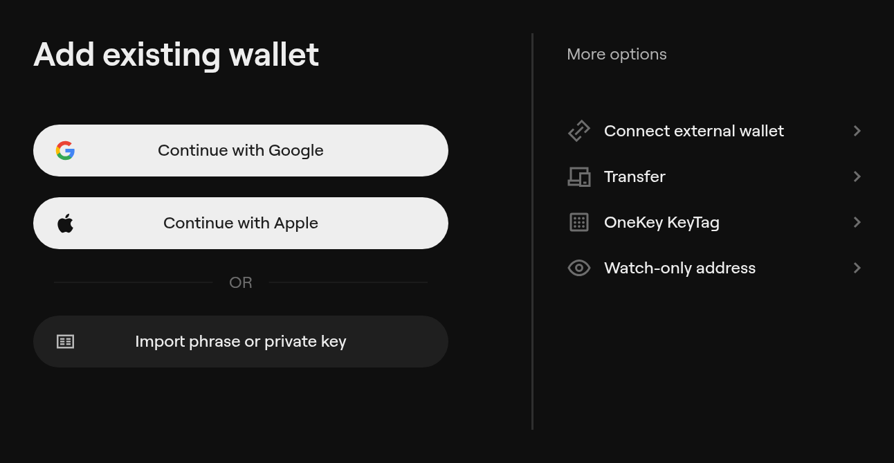 Add existing wallet options