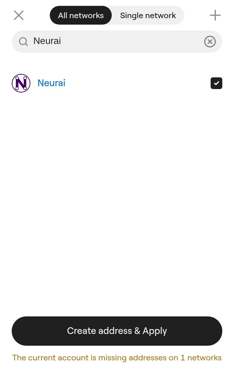 Neurai ticked in the network list, with the Create address and Apply button