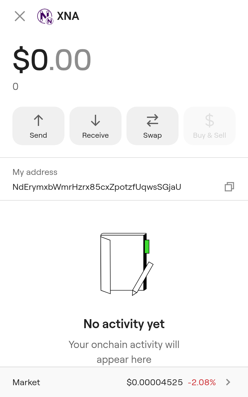 XNA page with Send, Receive and My address