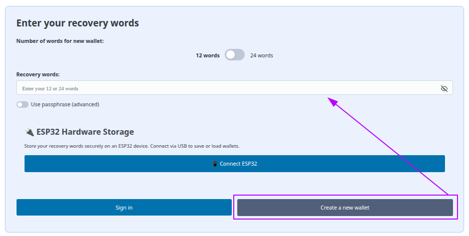 Create new wallet option