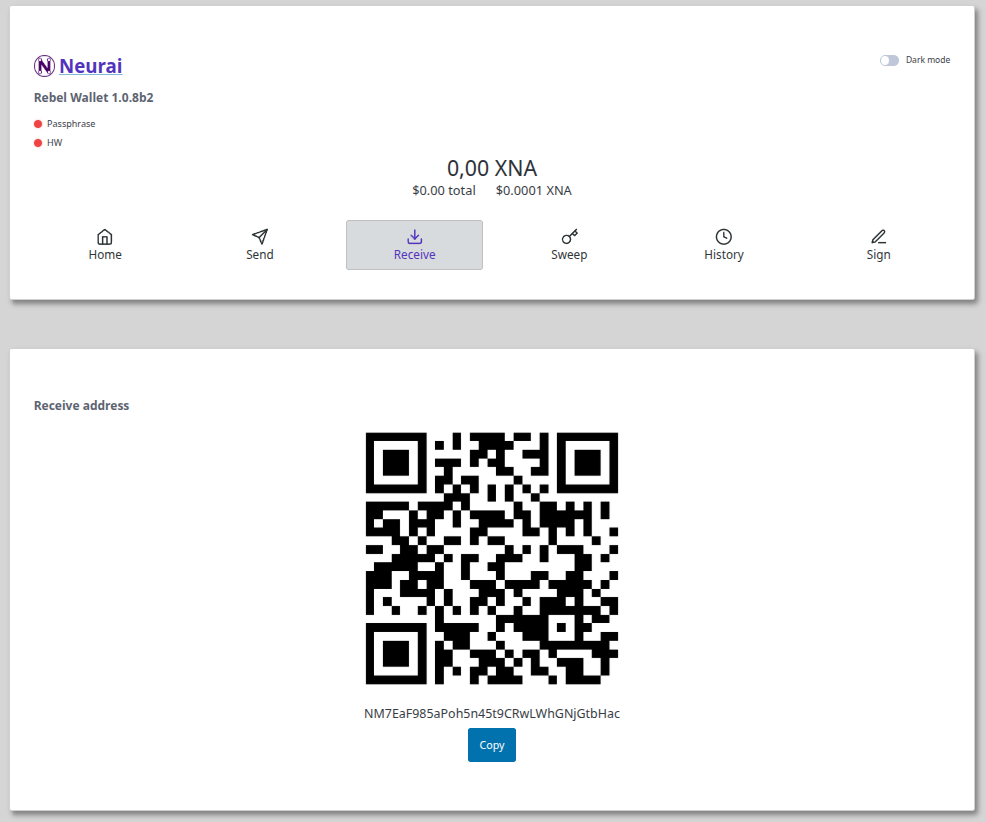 Receive tab with address and QR code