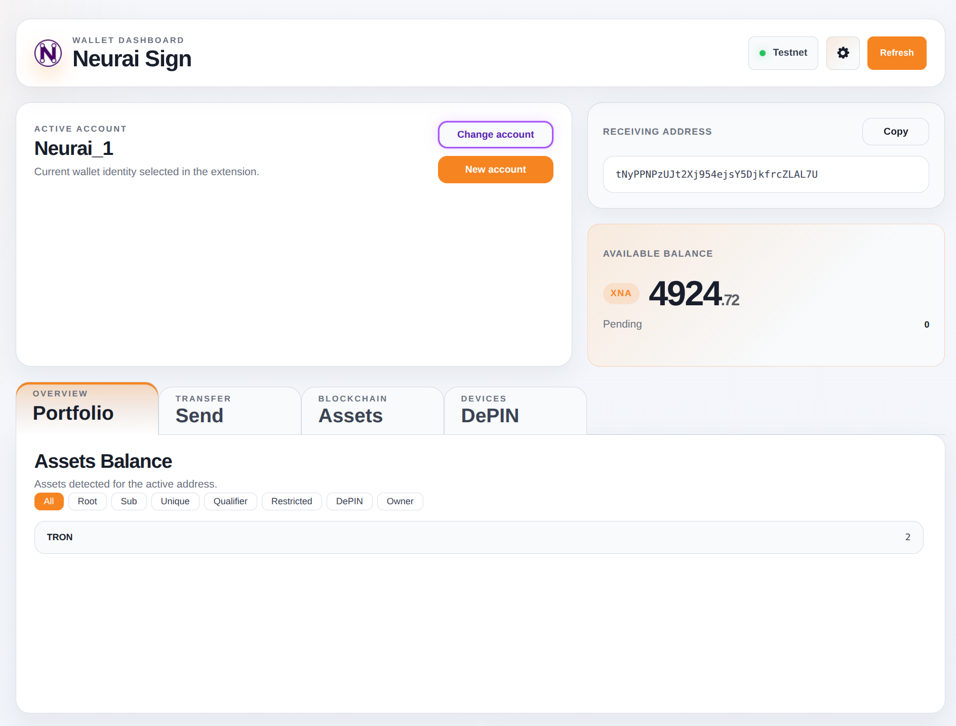 Neurai Sign browser extension dashboard with a testnet AuthScript PQ account, balance and assets