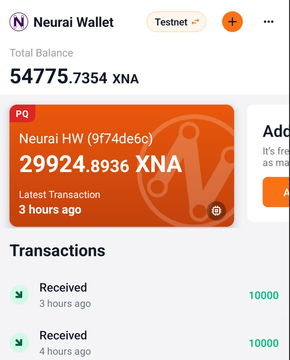Neurai Wallet on Android showing a post-quantum hardware wallet balance and transactions